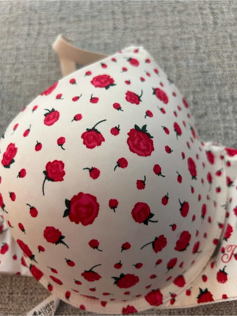 Victoria's Secret Pink White Bra with Red Rose Print Underwire Size 38D - Picture 2 of 5